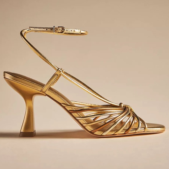 New Caverley x Anthropologie Norman Heel Cow Satin 7 Black White Leather Strappy - Picture 10 of 10